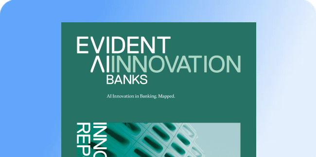 Report cover for 'EVIDENT AI INNOVATION BANKS', subtitled 'AI Innovation in Banking, Mapped'.